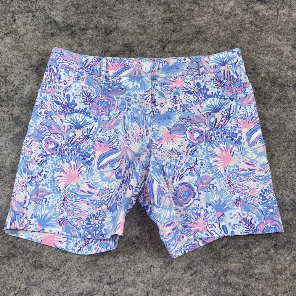 Talbots Chino Shorts Women's 8P Blue & White Floral Stretch Cotton Beach Cruise